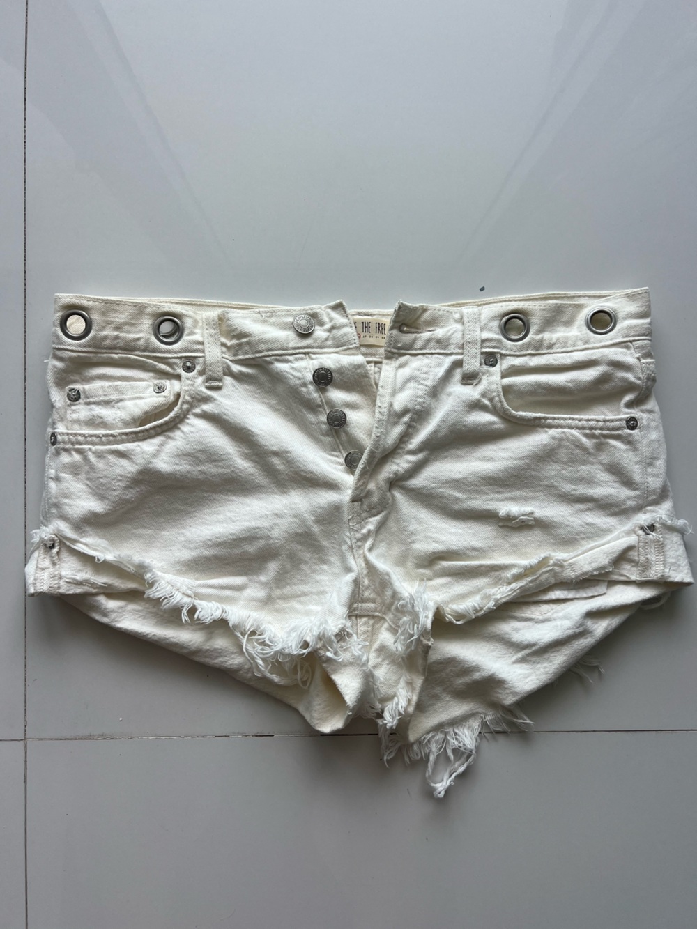 Free People White Distressed High-Rise Jean Shorts